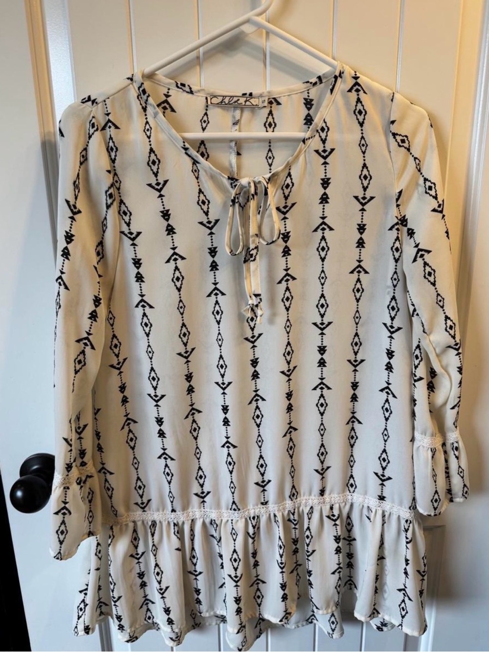 Chloe K Ivory Tunic with Black Geometric Print